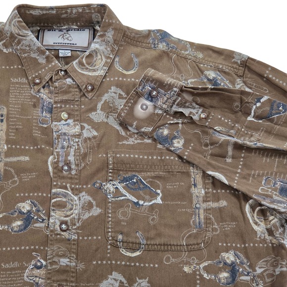 Bit & Bridle Western Rodeo Saddle AOP Print LS Button Down Shirt Brown Mens L - Picture 1 of 6